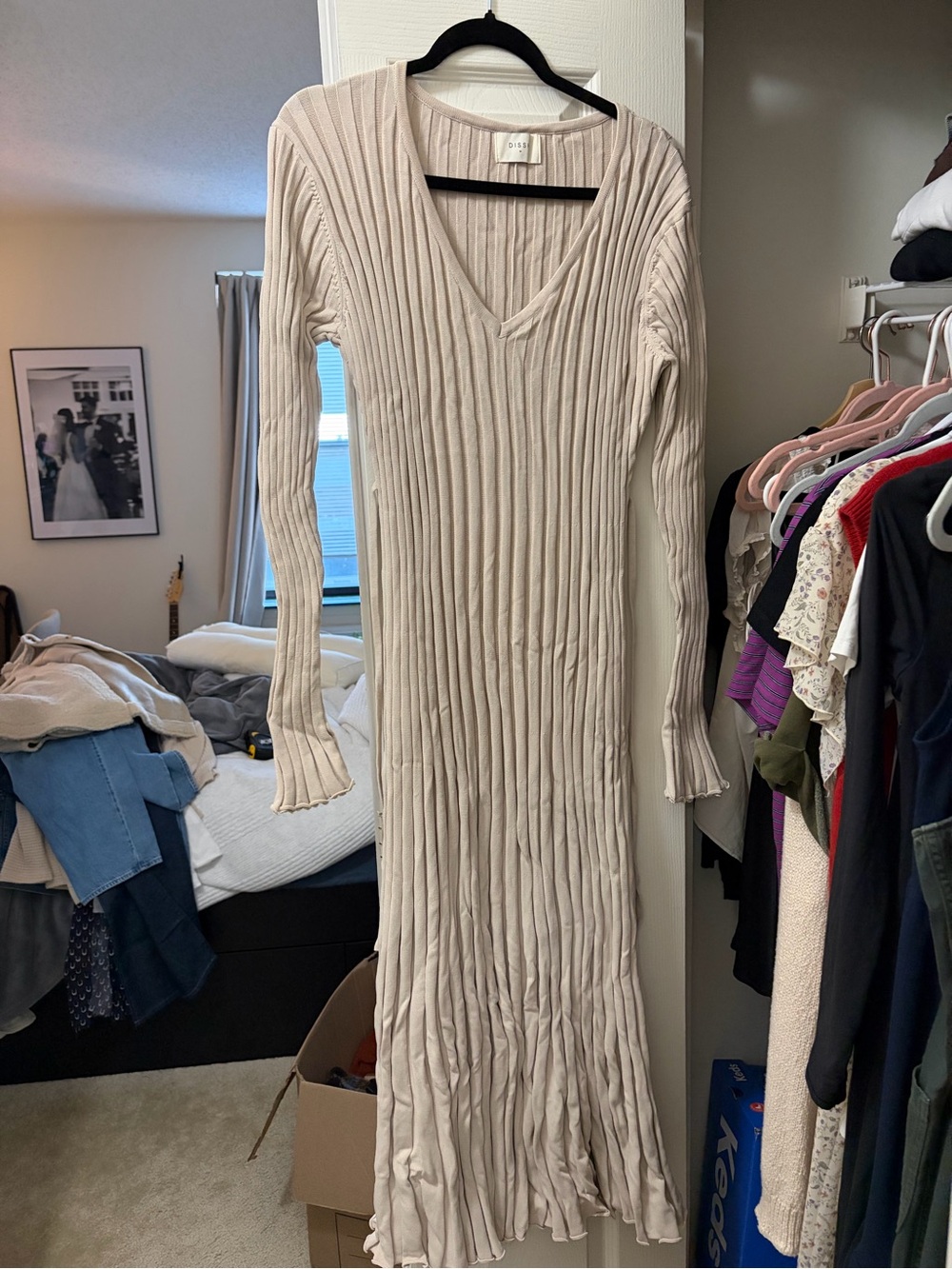Size M - DISSH Women's Ribbed V-Neck Maxi Dress in Light Taupe